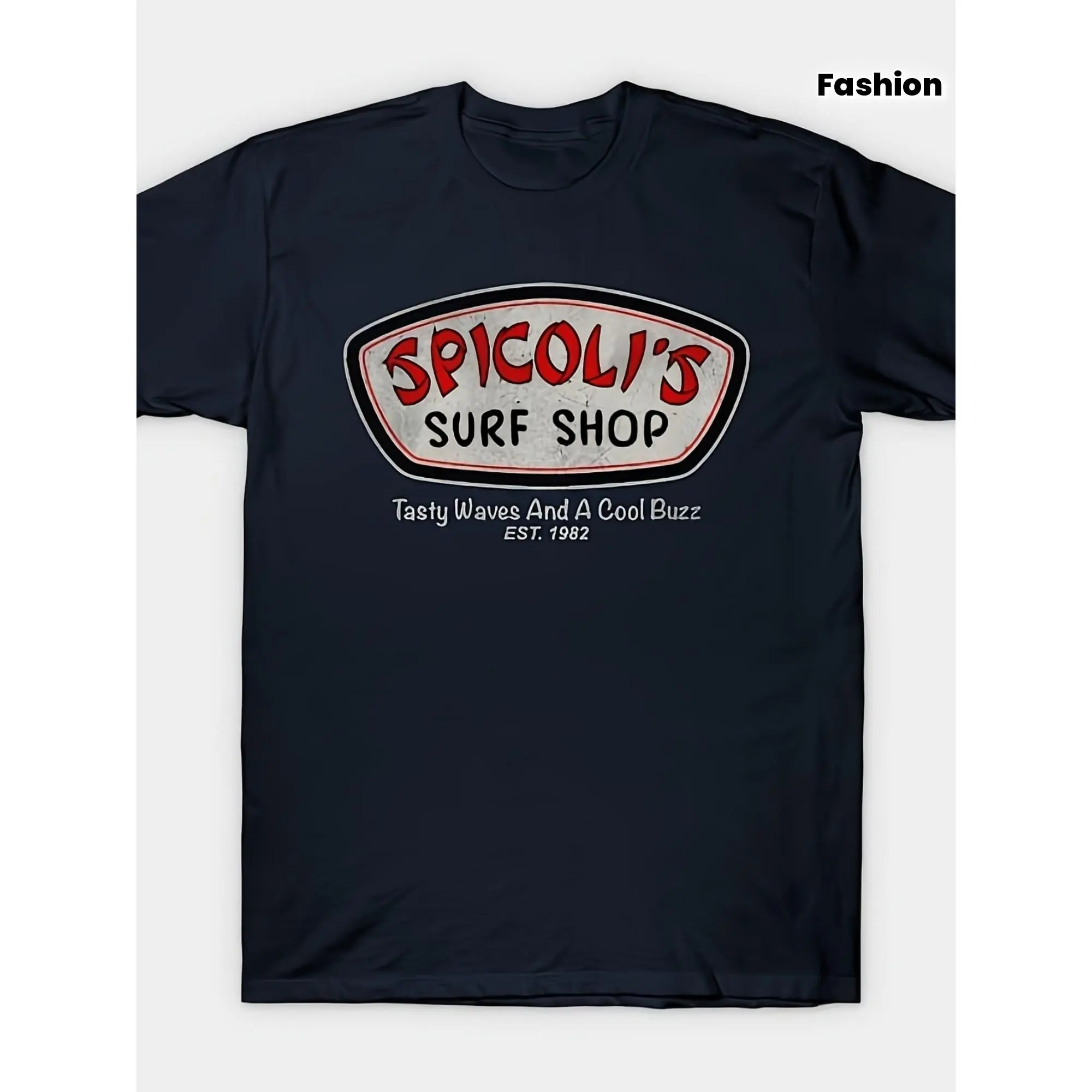Men's Retro Spicoli's Surf Shop Graphic Cotton T-Shirt - Casual Regular Fit, 100% Cotton, Short Sleeve, Crew Neck, Knit, Stretch Menswear Top