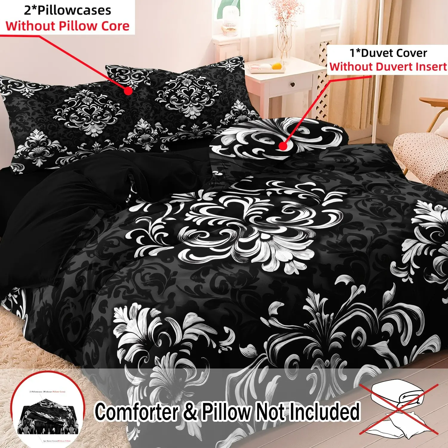 3Pcs Black White Floral Bedding Set Luxury Gothic Baroque Queen King Bedding Set, Included 1*Duve Cover & 2*Pillowcase (Comforter Not Included) Duvet Covers Sets Suitbale For Four Season