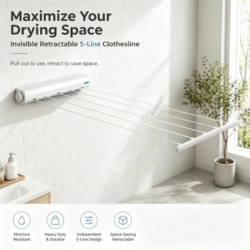 Hidden Retractable 5-Wire Clothesline Wall Mount Heavy Duty Pull Out Laundry Clothing Drying Rack Multi Line Indoor Drying Organizer