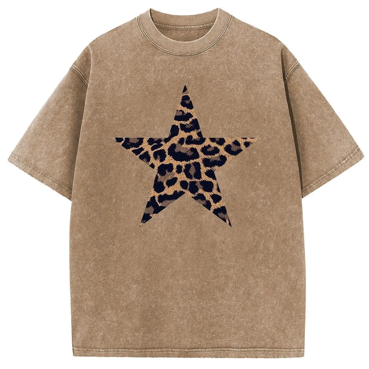 Holafish Women's Soft Vintage Acid Wash Oversized Round Neck Short Sleeve Cotton T-Shirt - Leopard Star Graphic Tee, Breathable Fabric, Well-Tailored Fit, Cool Minimalist Streetwear Top for Beach, Everyday Casual Use