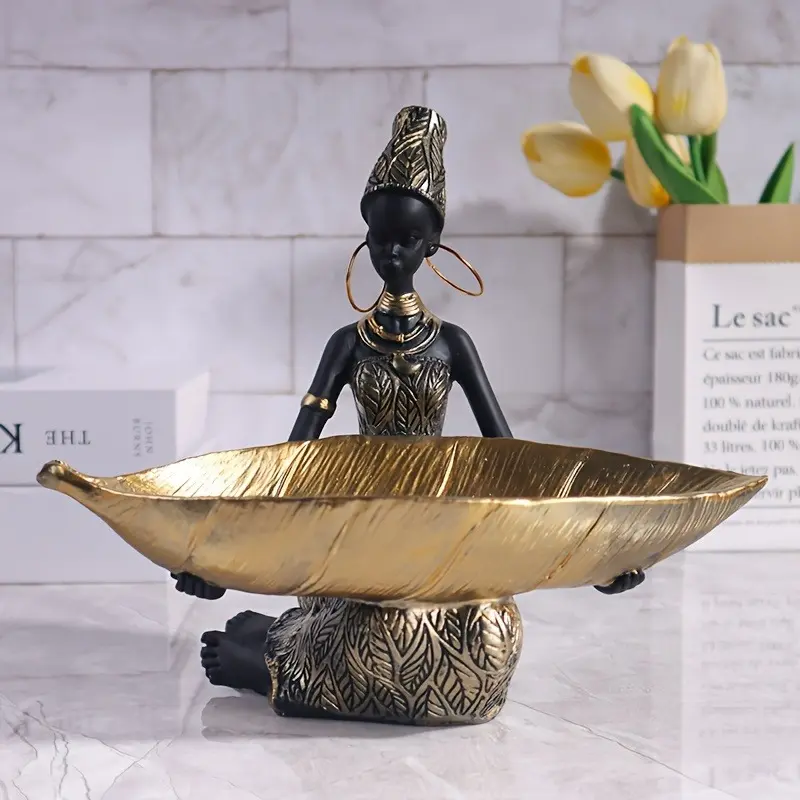 African Woman Statue with Tray, Abstract African Woman Resin Ornament, Multifunctional Decorative Statue for Home Office Living Room Bedroom
