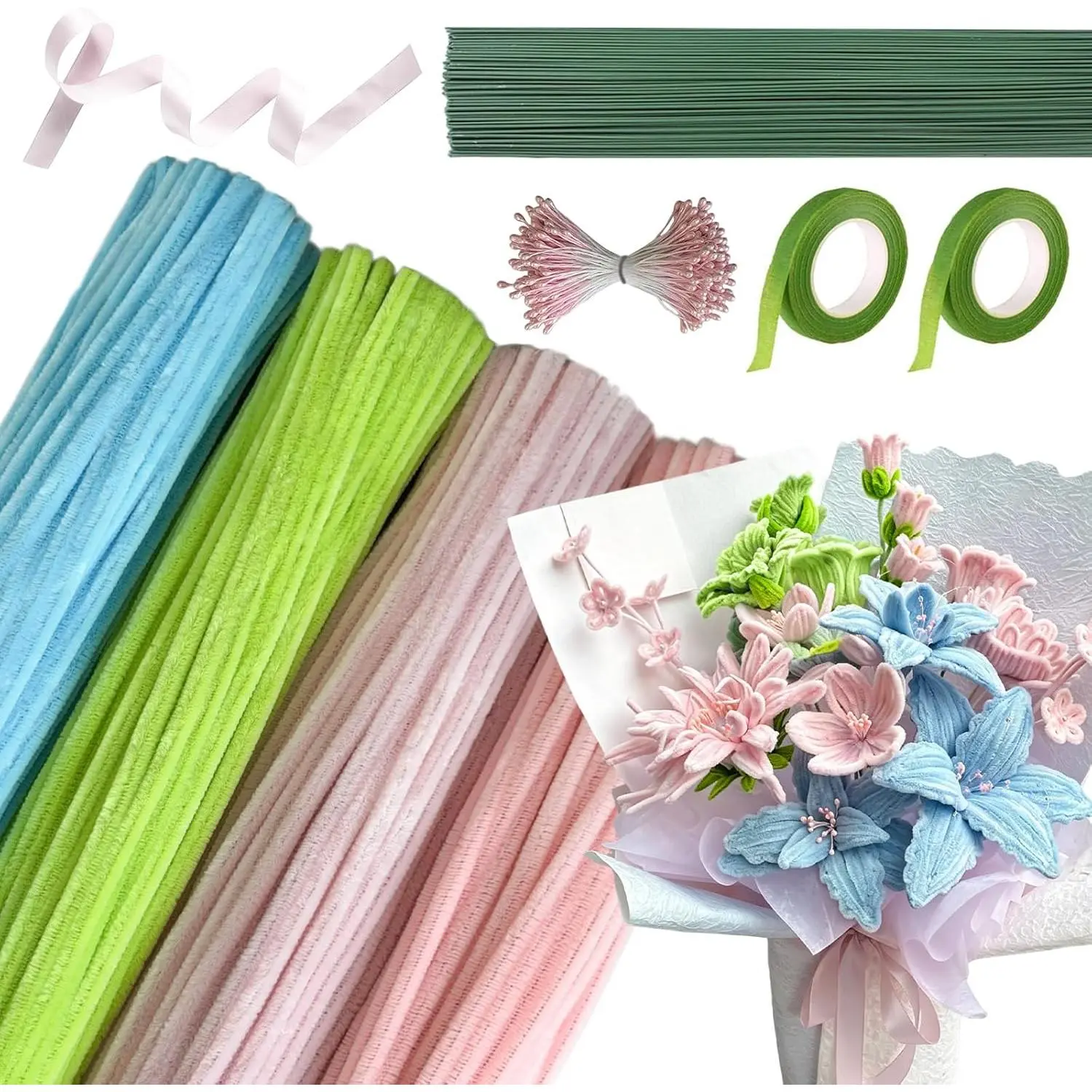 Bulk Pipe Cleaner Flower Craft Kit, 542 Count 12-in Pastel Chenille Stems (Pale Blue, Green) with 120 Stamen & Ribbon, 2 Adhesive Tapes, 20 Floral Wires for DIY Arts & Creative Decorations
