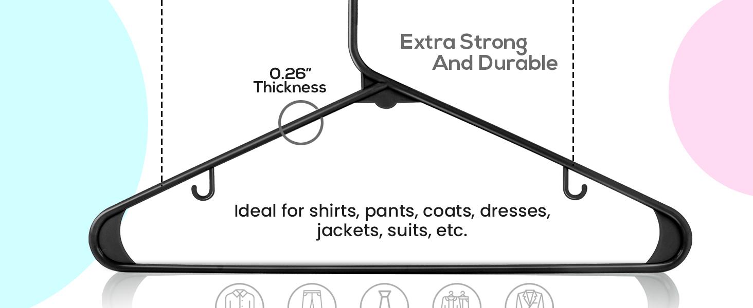 Hangers 100 Pack - Space Saving Clothes Hanger - Durable & Strong Closet Organizers and Storage with Built-in Strap Hooks - Essential for Shirts, Pants, Skirts & Coats (Black)