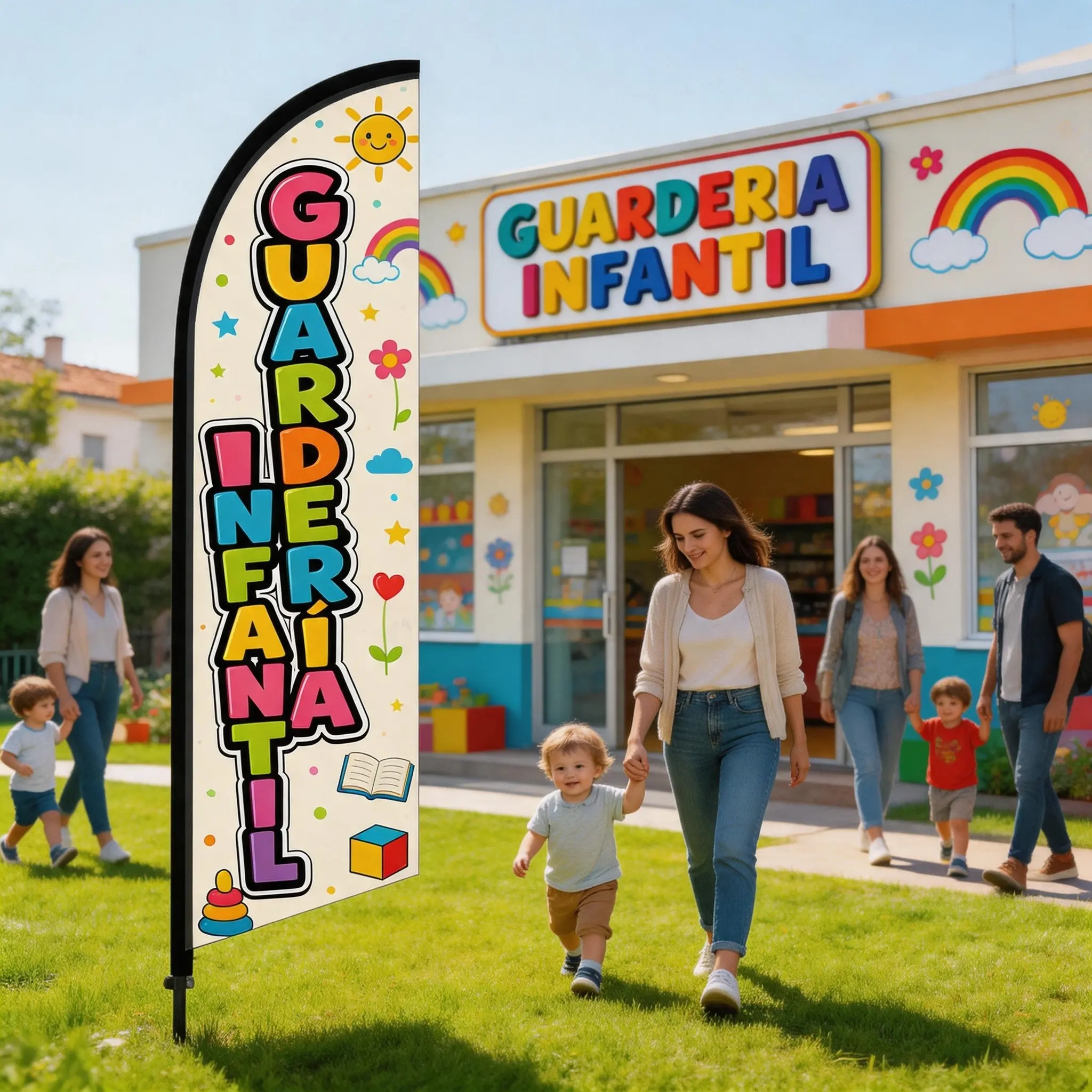 8.5 Ft Feather Flag for Daycare, Polyester Waterproof Sunscreen Banner, Wind-Resistant Single-Sided Print, Outdoor Promotion Tool