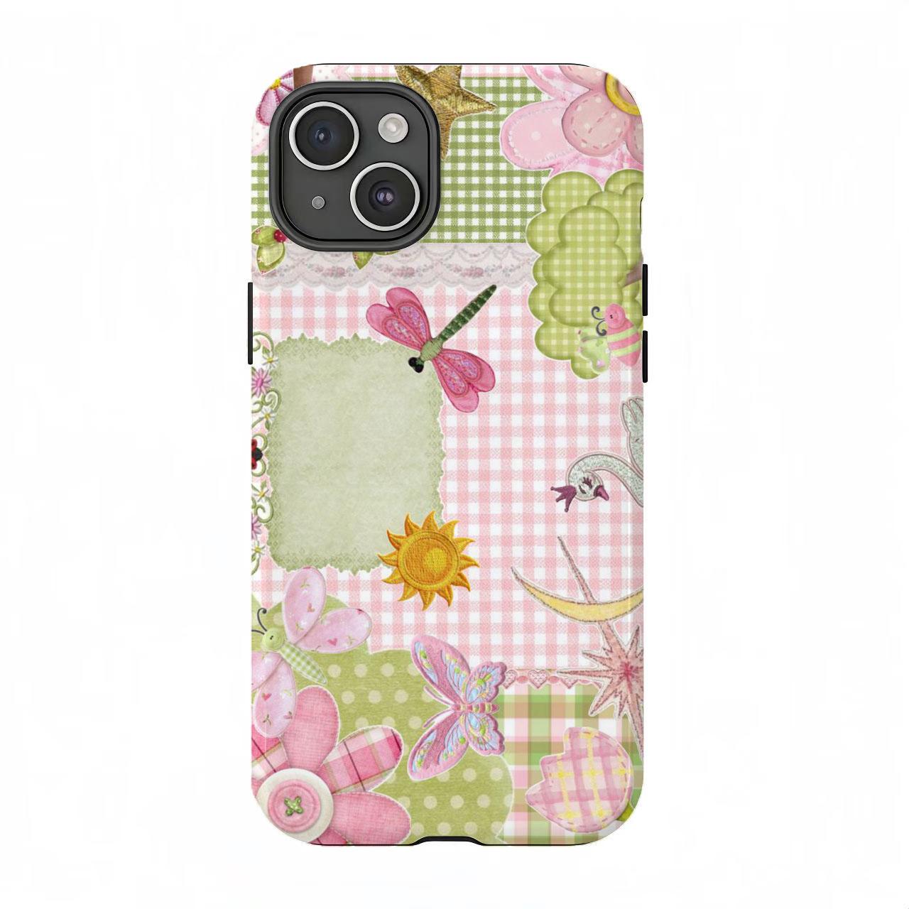 Cute Cottagecore Patchwork Phone Case|Pink Green Gingham Floral Protective Cover For iPhone 11 12 13 14 15 16 17 Pro Max For Samsung S26 S25 S24 S23 S22-Gift For Her/Him