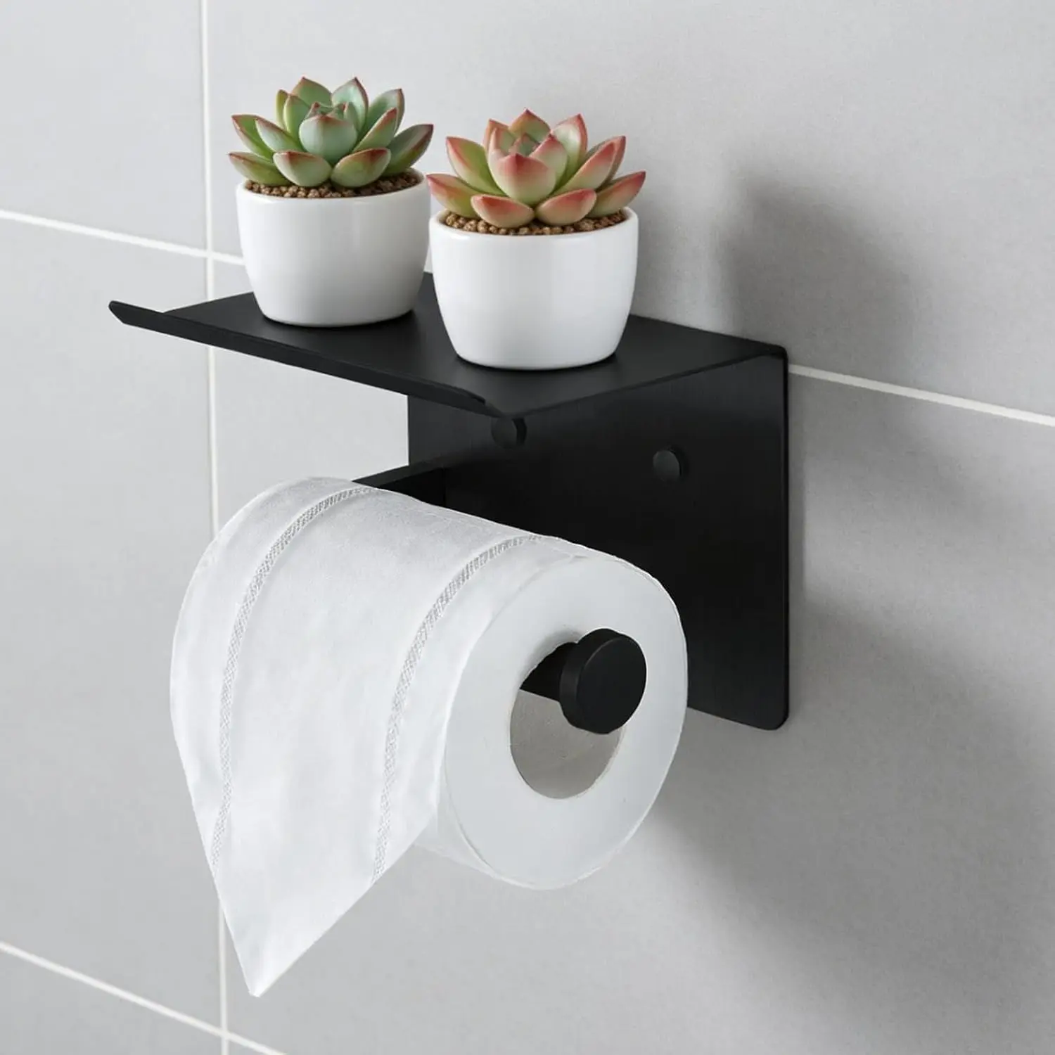 Paper Holder with Shelf,-Duty Stainless, Self-No-/-Wall-Mounted Roll Holder, Rust-Tissue Rack (Black)