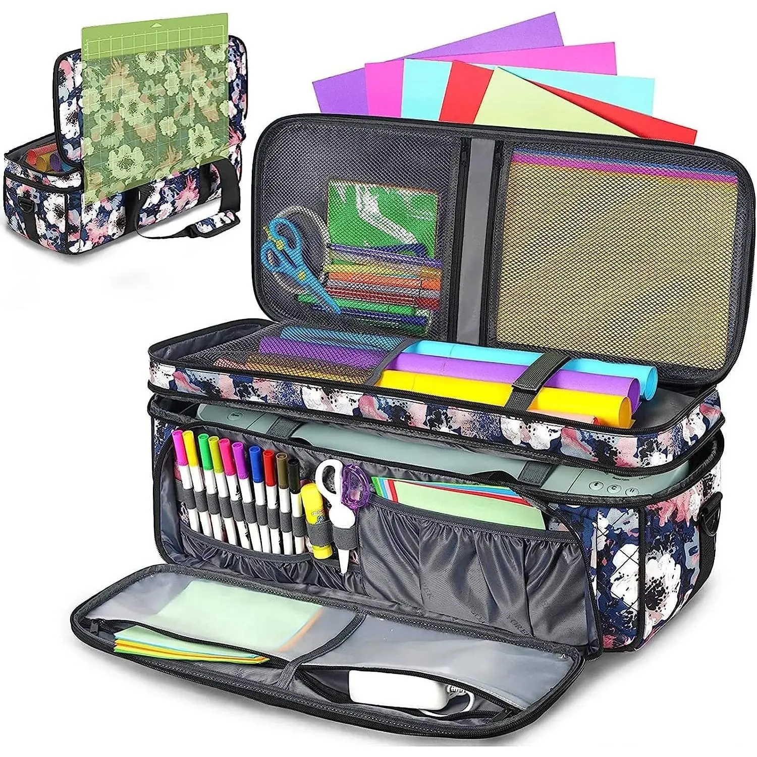 Carrying Case for Cricut Maker 4/3, Explore 5/4/3 with Dust Cover | Double Layer Storage Bag for Explore Air 2, Large Travel Case with Cutting Mat Storage for Accessories and Supplies, Floral