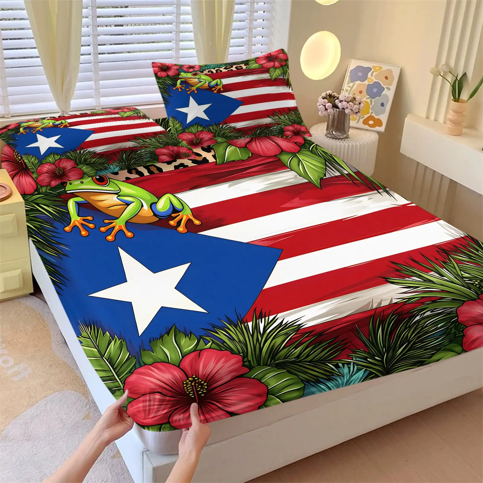 Puerto Rico Flag Coqui Frog Fitted Sheet Set, 1 Fitted Sheet + 2 Pillowcases - 3 Piece, Soft Microfiber Deep Pocket Design All Season, Tropical Ethnic Bedroom Decoration, Gift for Boricua Culture Lovers