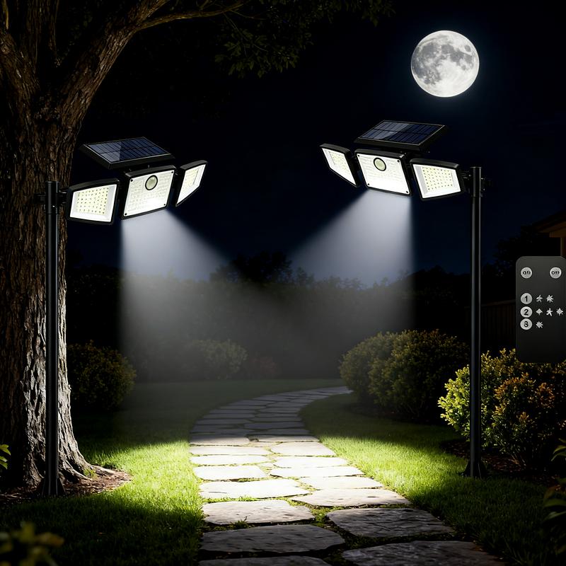 2-Pack Solar LED Security Lights with Motion Sensor IP65 Waterproof Outdoor Lights for Backyard Pathway 2 Sets Wide Coverage Remote Control Modes Brightness Timer 74pcs 8W 550lm 6500K brightness timer