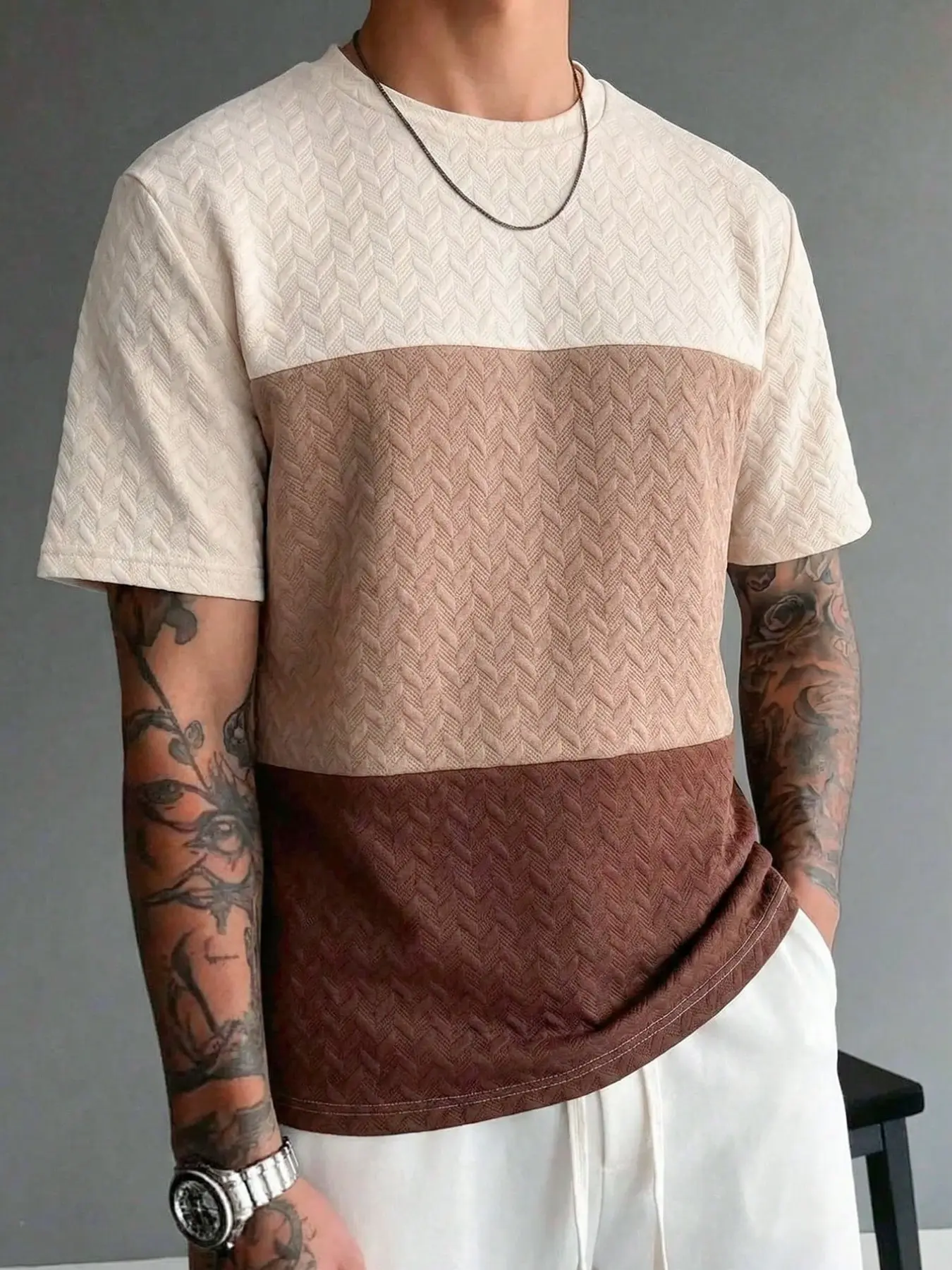 Men's Patchwork Colorblock T-Shirt, Casual Lightweight Knit Texture Summer Tee, Comfortable and Stylish Men's Clothing for Warm Weather