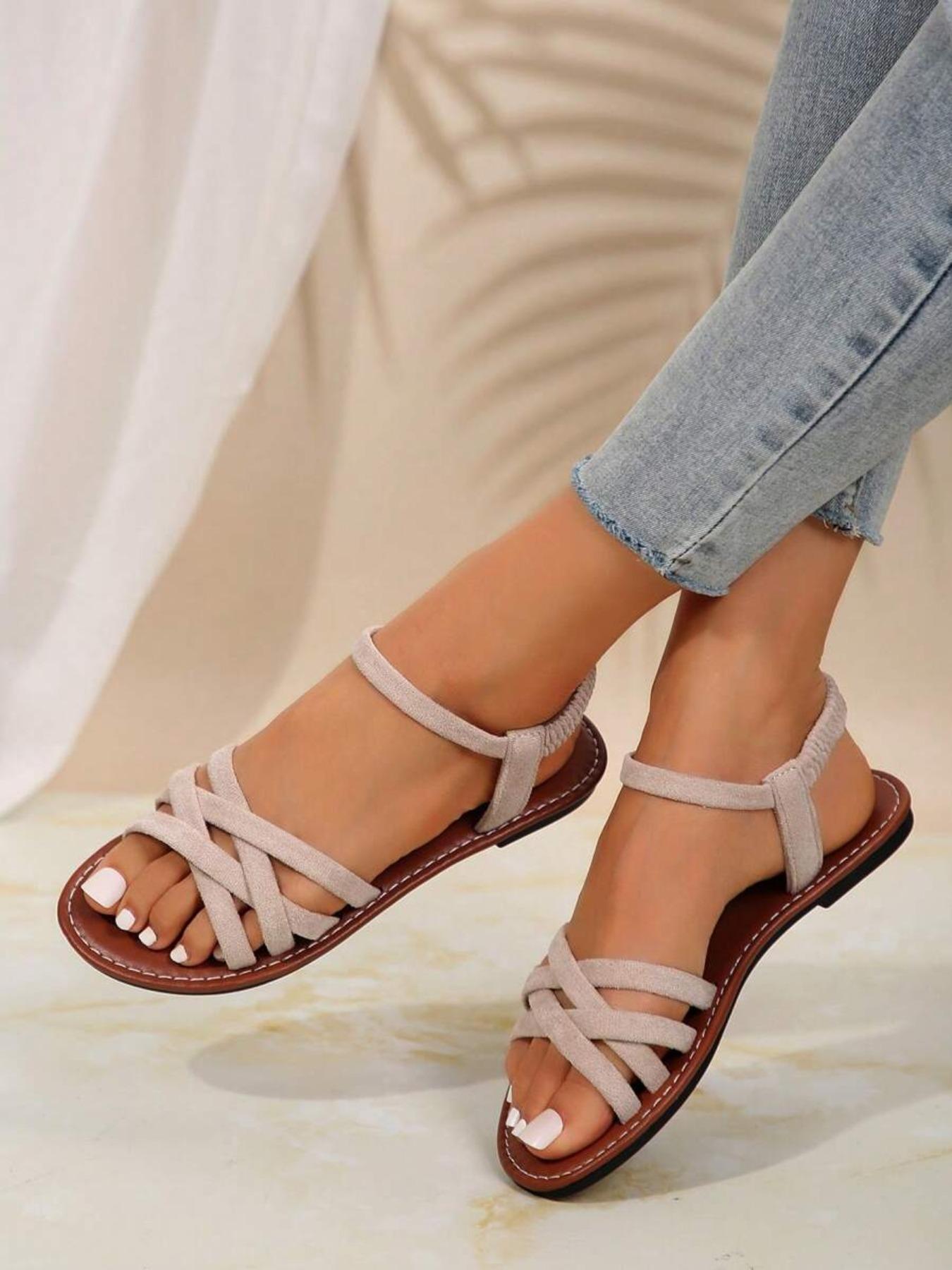 Women's Fashionable Criss Cross Strap Design Sandals, Casual Open Toe Flat Sandals for Beach, Non-slip Sandals for Daily Wear, Lightweight Sandal