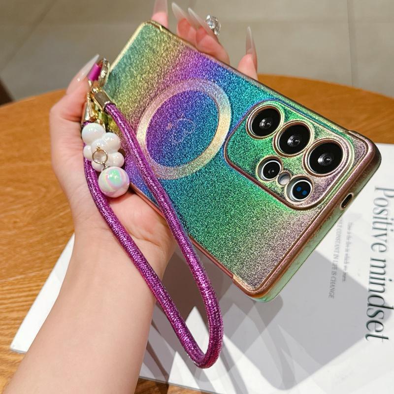 Stylish Electroplated Heart Design Phone Case with Wrist Strap, Compatible with Samsung Galaxy S26/S25/S24/S23/S22/S21 Ultra & Plus, S26/S25 Edge, S24FE/S23FE, Supports Wireless Charging, Anti-Slip and Shockproof Protective Shell