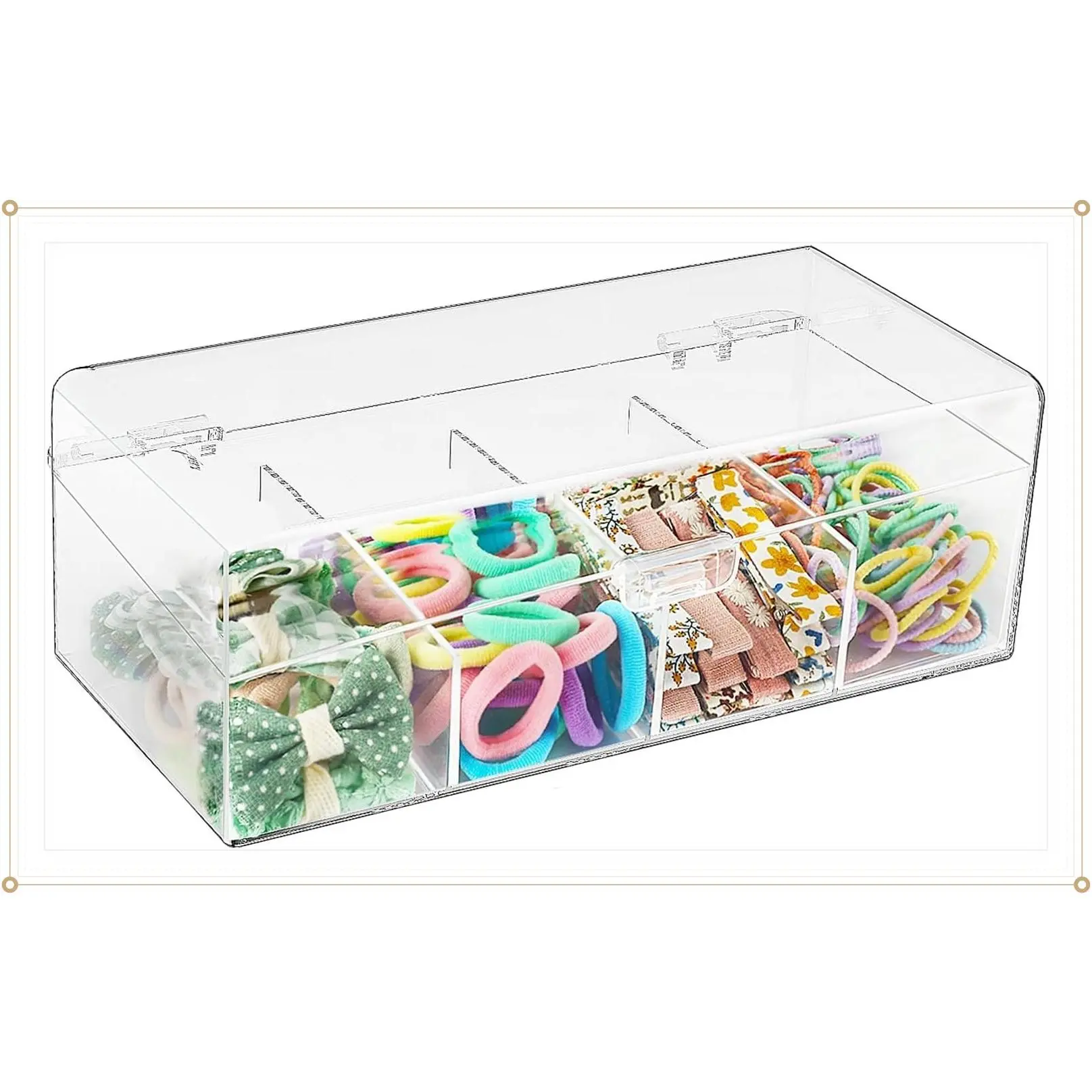 Acrylic Hair Accessories Organizer with Dividers - Clear Stackable Storage Box for Hair Bows, Clips & Scrunchies, 4 Compartment Countertop Organizer for Bathroom, Bedroom & VanityGift