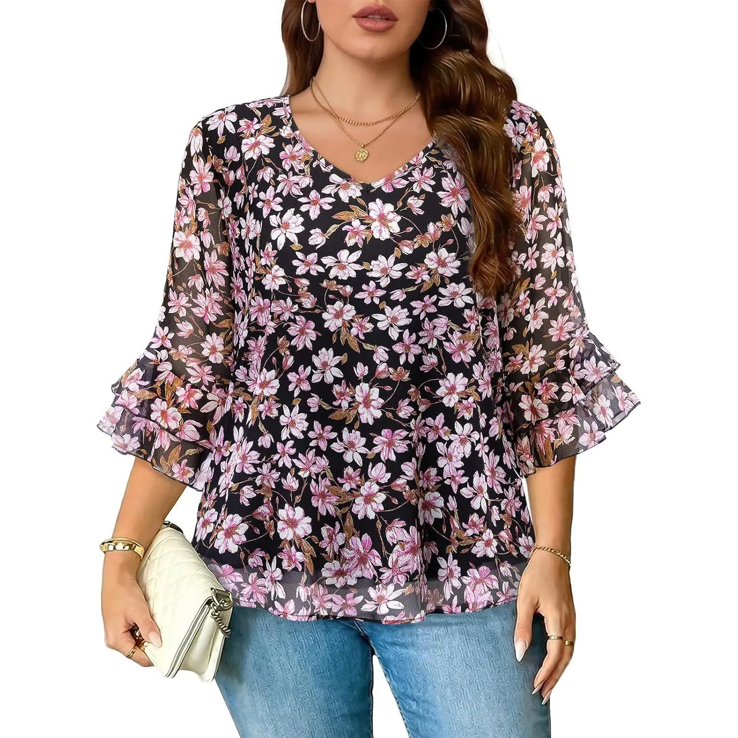 Women's Plus Size Floral Print Chiffon Blouses - 3/4 Ruffle Sleeves, V-Neck, Dressy Look, Casual Wear Tops