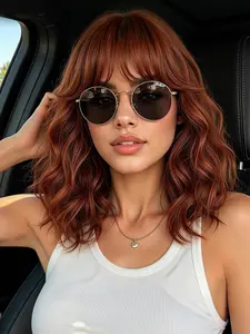 14-Inch Caramel Ginger Loose Wave Wig for Women, Synthetic Fiber, Bangs Design, Heat Resistant, Realistic Texture, Party, Halloween