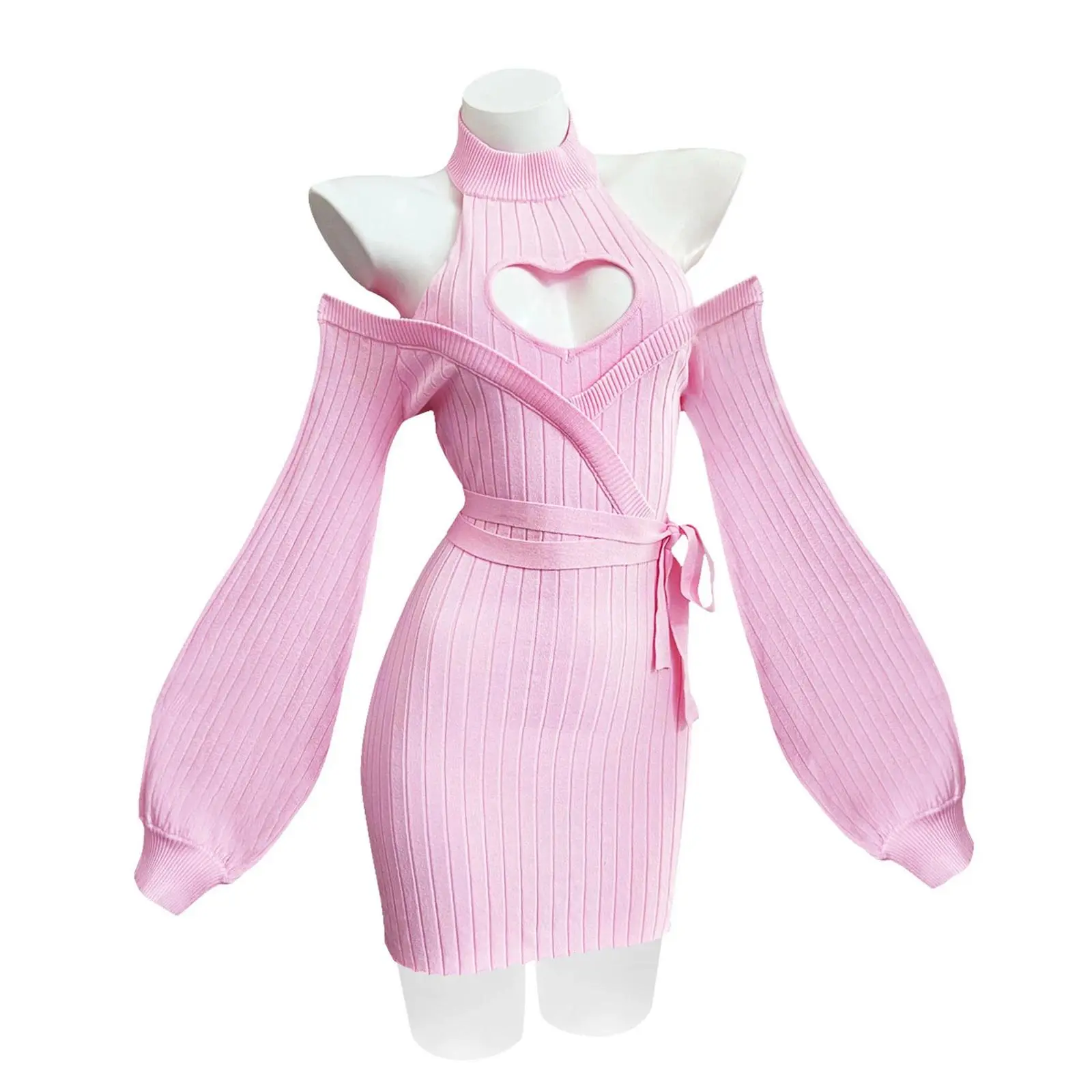 KORURACLUB autumn and Heart pattern Sexy Blue Knitted dress stockings straps Backless Soft girl Turtleneck sweater