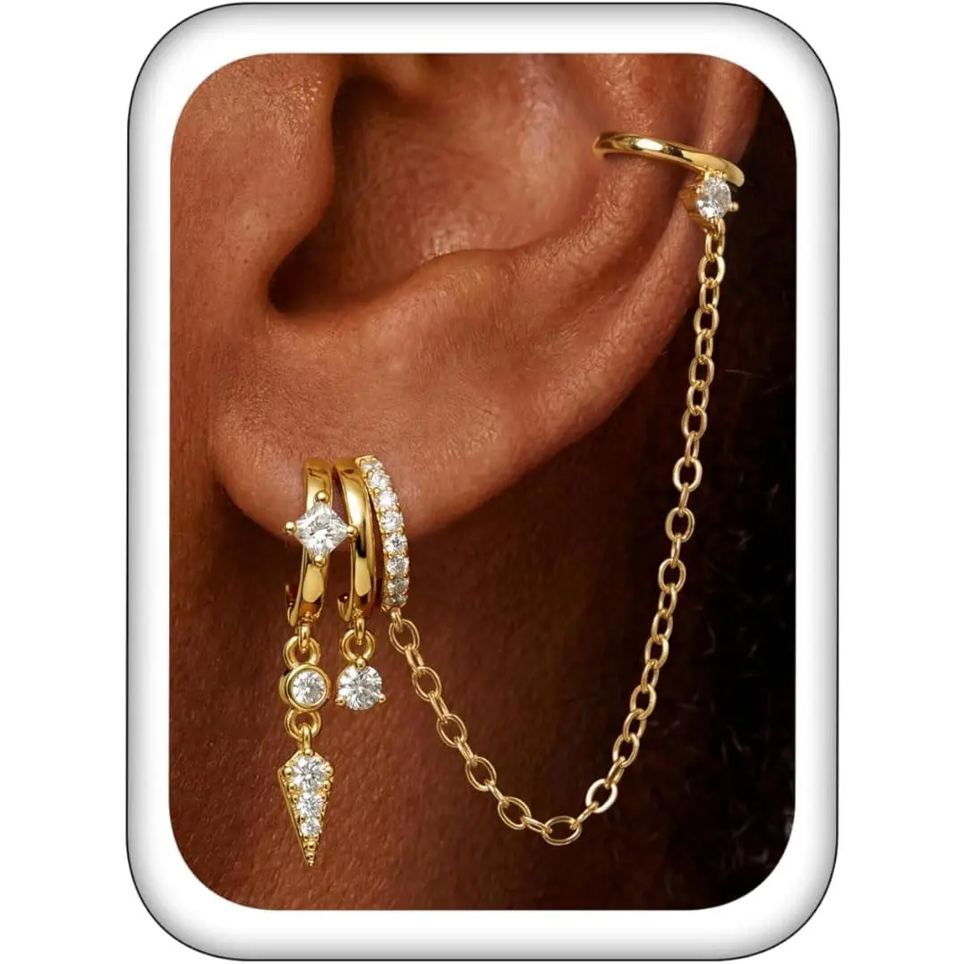 Triple Huggie Stacked Earrings for Women Gold Chain Drop Dangle Earrings Cute Statement CZ Earrings Trendy Dainty Jewelry Gift