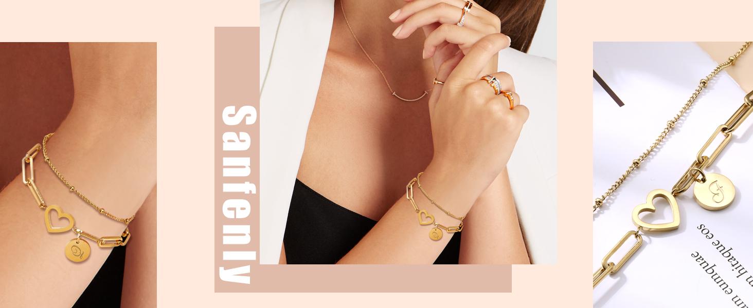 Sanfenly Personalized Initial Stackable Bracelet Set - 14K Gold Plated Stainless Steel A-Z Letter Heart Coin Charm Adjustable Bracelets for Women