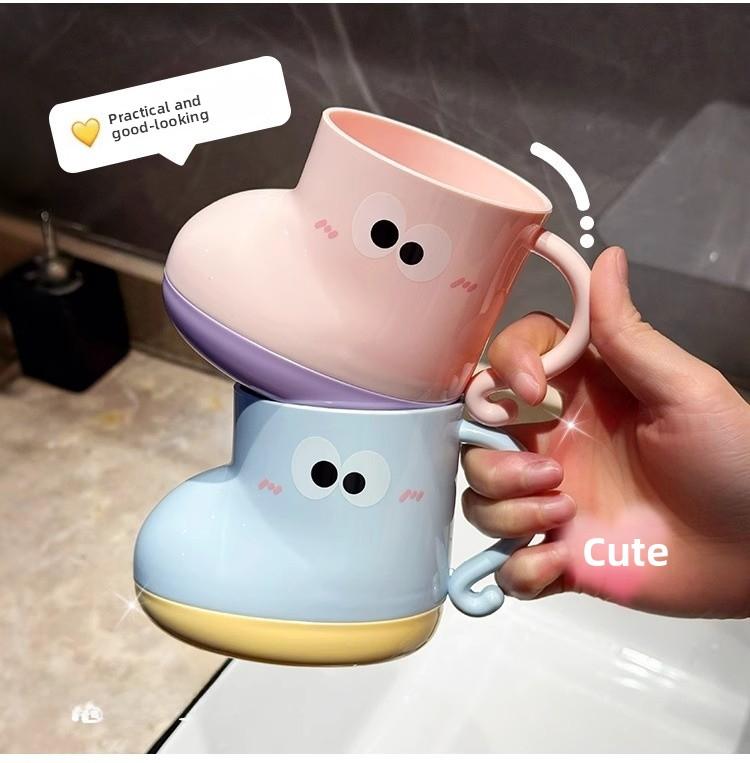 Food-Grade Plastic Cute Cartoon Tumbler Set with Durable Compact Storage Rack, Bathroom Organizer and Decor, Ideal for Couples, Home Use
