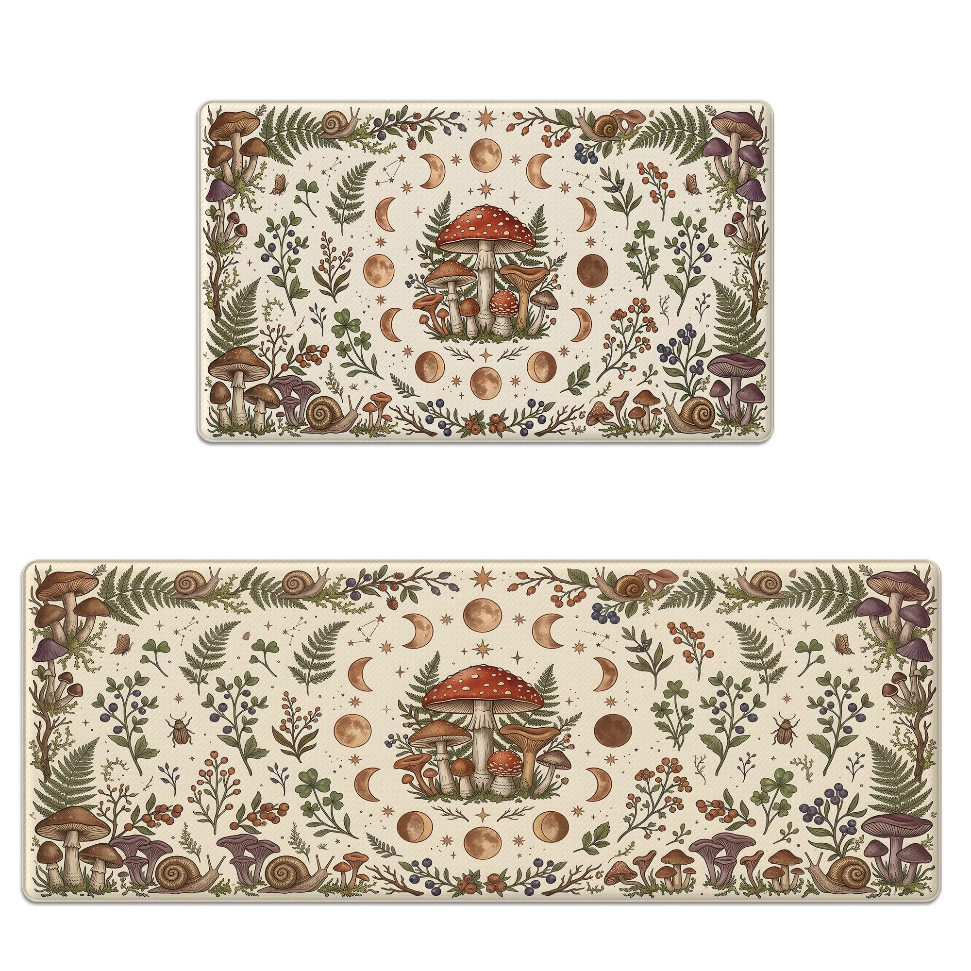 Kitchen Mat Set Anti-Fatigue Cushioned Memory Foam Non-Slip Scratch-Resistant & Waterproof Botanical Mushroom Moon Pattern Floor Rug