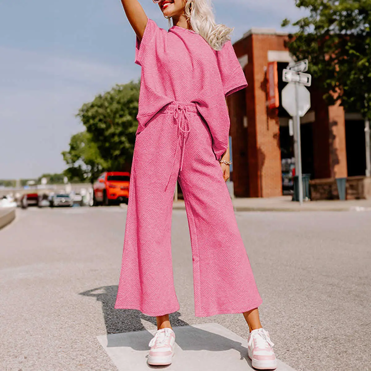 Strawberry Pink Textured Loose Fit T Shirt and Drawstring Pants Set Casual Fabric