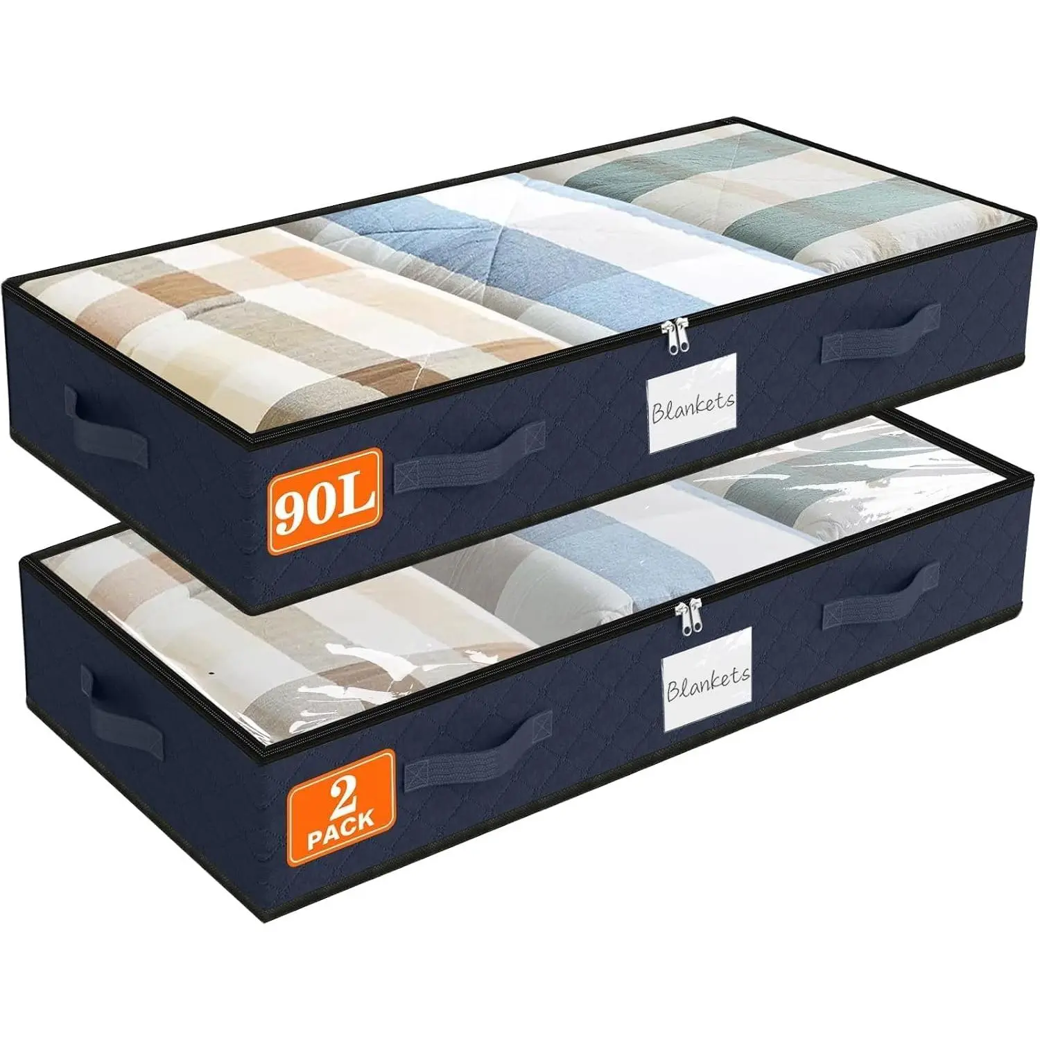 90L Under Bed Storage Containers, 2-Pack Storage Bins with Clear Top, Foldable Closet Organizers and Storage with Label Holder for Clothing, Blankets, Comforter & Pillows(Blue)