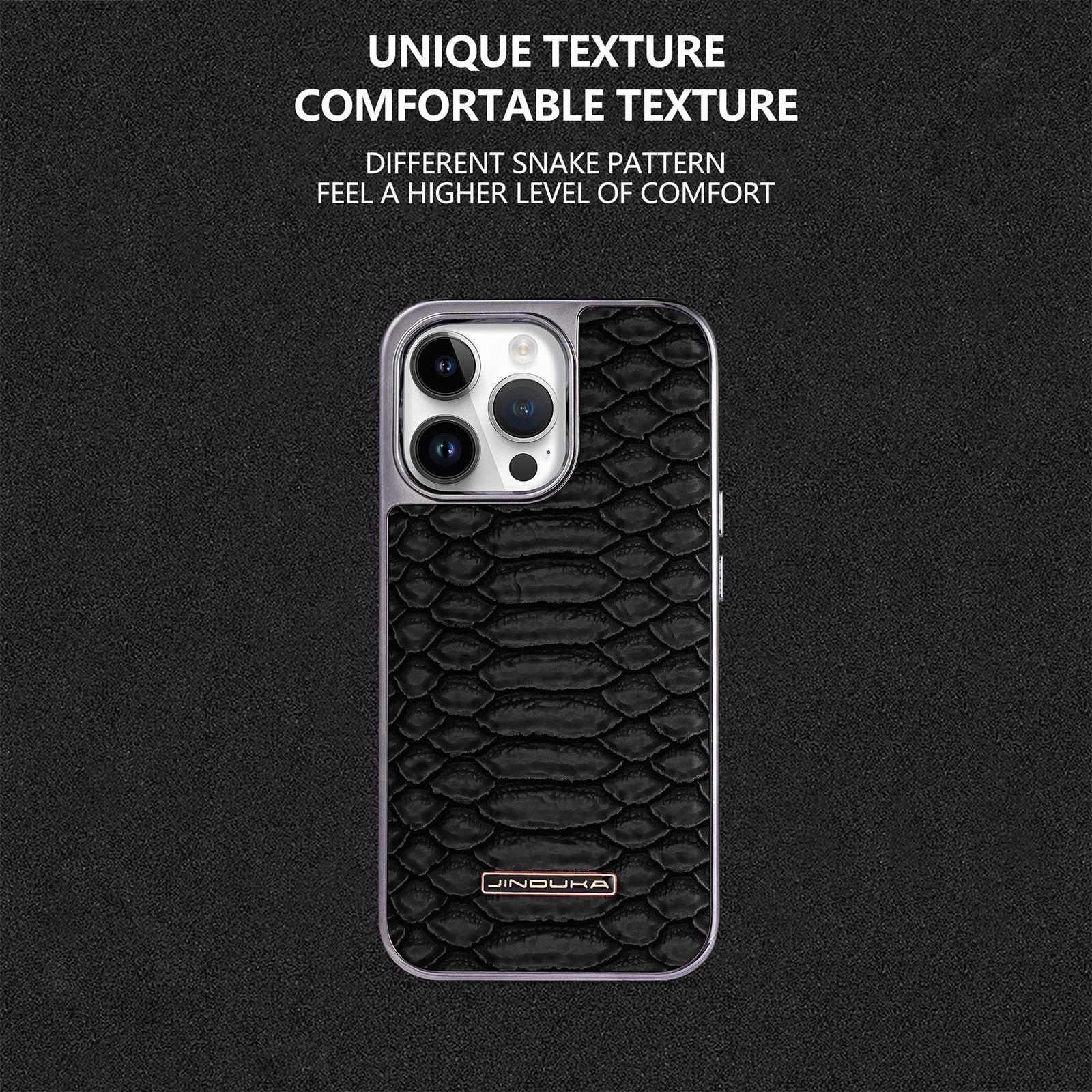 Snake Skin Pattern Phone Case, Electroplated Frame Slim Premium Faux Leather Cover, Shockproof Full Protective Case for iPhone 16/15 Pro Max