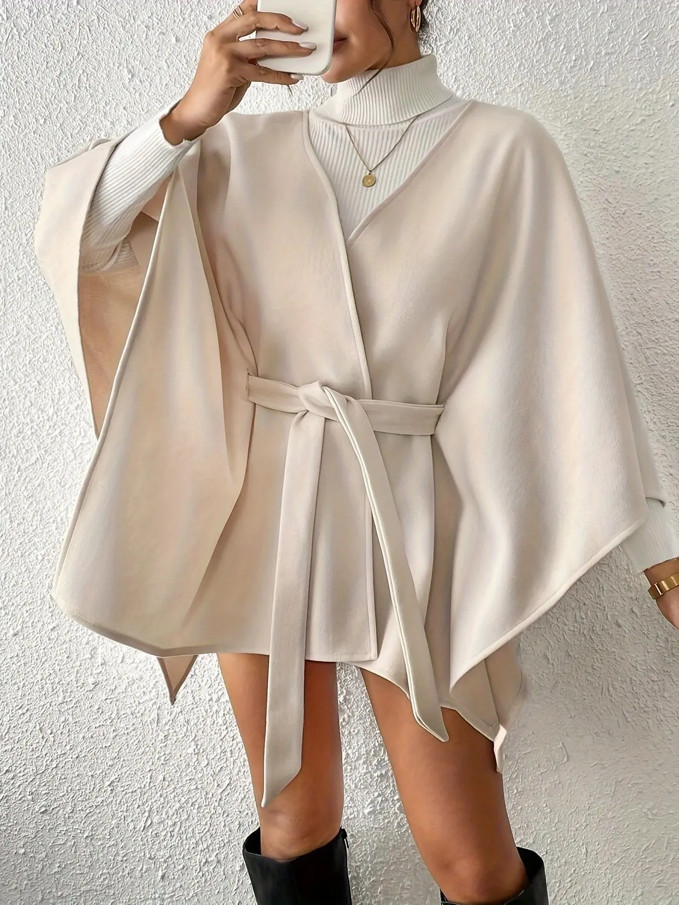 Women's Solid Color Belted Cape Coat, Bat Wing Sleeves, Front Open Shawl Cape, Loose Fit Cardigan, Fall Winter Daily Wear