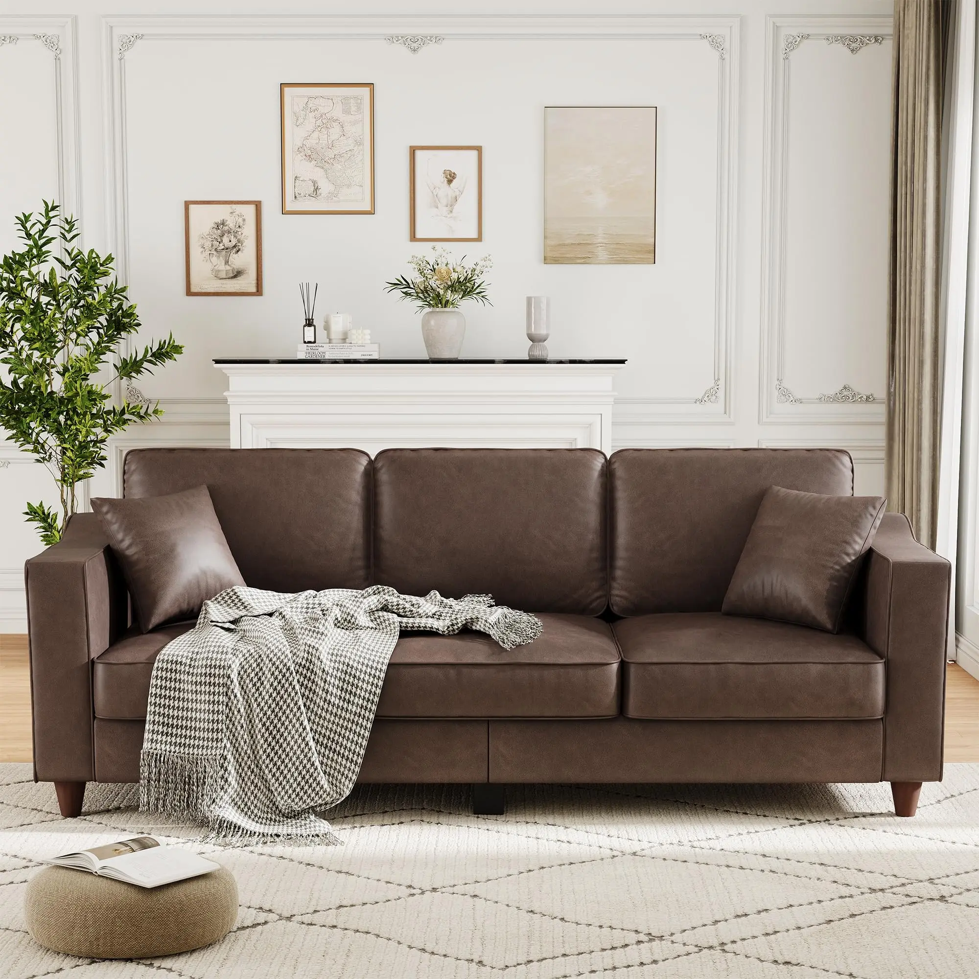 Gaomon Mid Century Modern 3 Seater Sofa Couch, 85 Inch Deep Seat Leather Living Room Sofa, Easy Clean PU Leather Couch with Wood Frame 2 Throw Pillows for Apartment Home Office Orange Brown