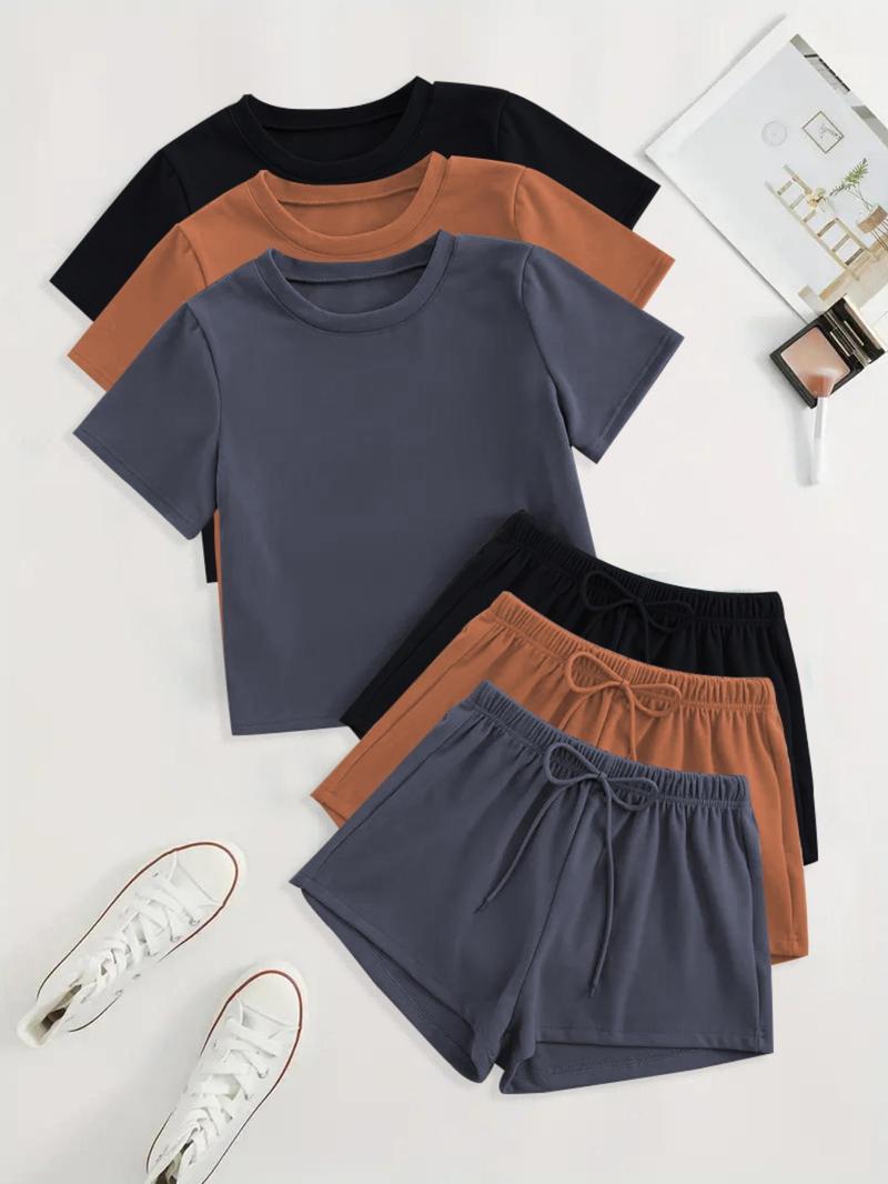 Women's Solid Color Tee & Shorts Loungewear Set, Casual Comfy Round Neck Short Sleeve T-Shirt & Elastic Waist Shorts PJ Set, Ladies Sleepwear for Summer, Pajama