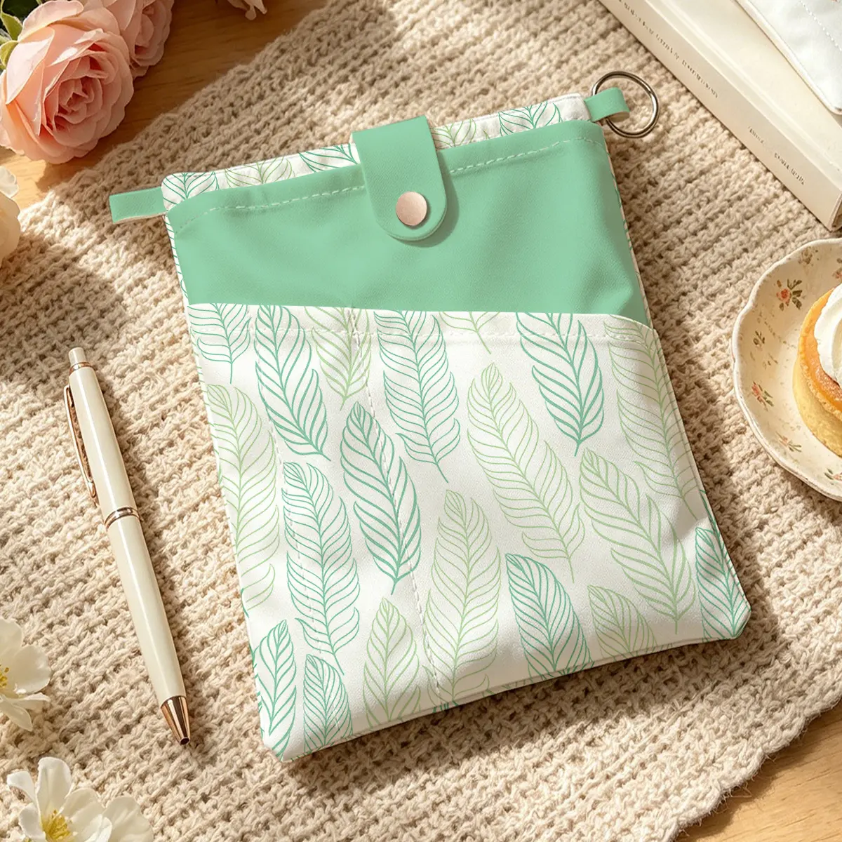 1pc Book Cover, Mint Green Feather Pattern, Suitable for storing pens, A5 sized books, and notebooks. Ideal for organizing books and office supplies. A great Christmas, Father's Day, Mother's Day, or birthday gift for book lovers.