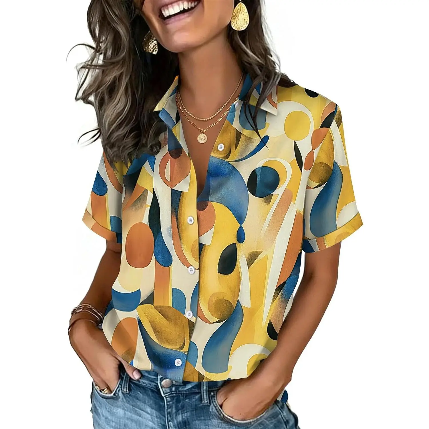 Button Down Shirts for Women Short Sleeve Collared Tops Dressy Casual V Neck Blouses
