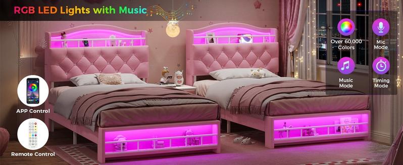 Sikaic Twin Size Princess Velvet Upholstered LED Bed Frame Pink Headboard & Storage Charging Station with RGB Lighting & 2 Outlets for Kids