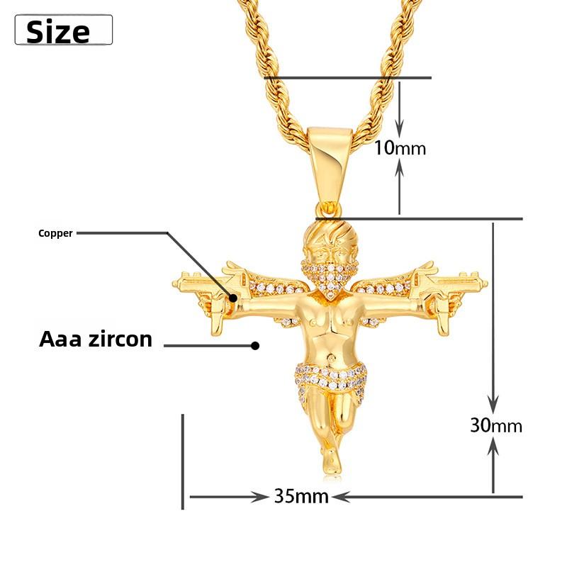 Hip-Hop Gold-Plated Masked Angel With Wings And Dual Swords Pendant Necklace, Solid Micro-Inlaid Zircon Jewelry