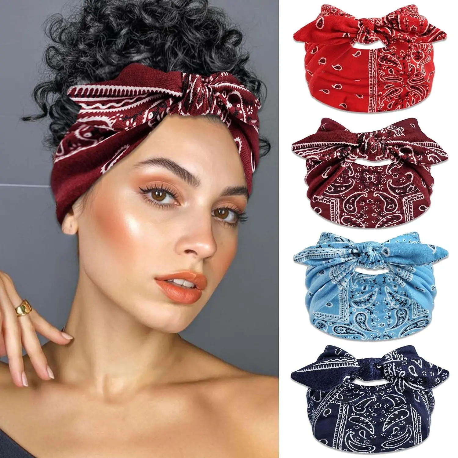 Women's Boho Bow Headband Set (rabbit Ears, 4pcs), Cute Knot Paisley Scarf, Fashion Retro Hair Band, Sports Yoga Headband