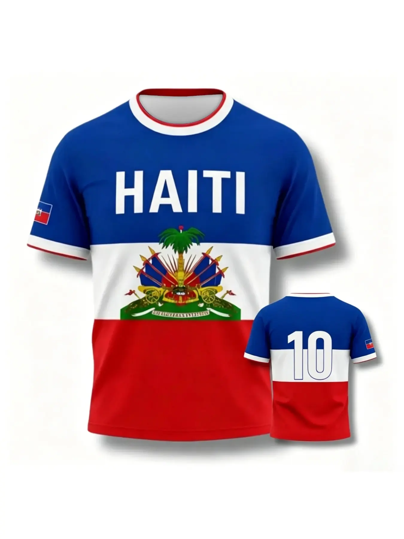 Haiti Flag and Coat of Arms Printed No. 10 Fan's Short-Sleeved Soccer Football Jersey
