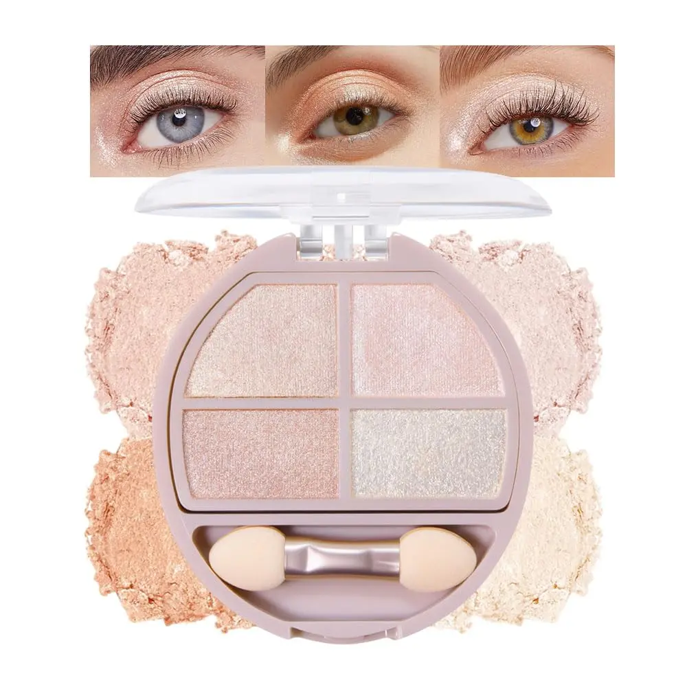 Nude gold neutral eyeshadow powder palette with matching makeup brushes, soft natural tones designed for mature women. Lightweight waterproof long-wearing formula, compact travel kit for subtle daily eye makeup.