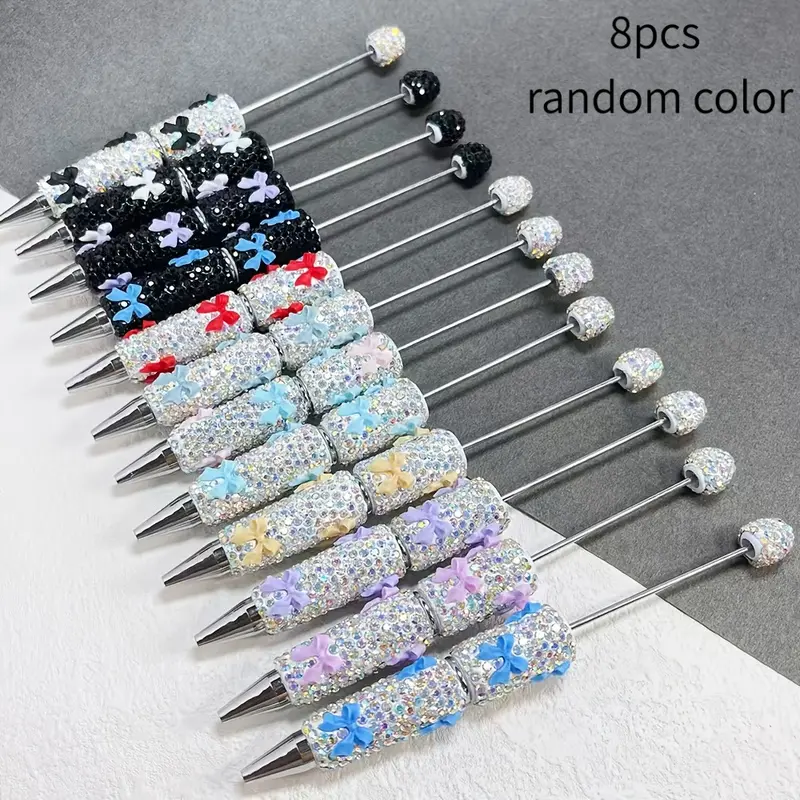 8pcs/set handmade diamond bow DIY bead ballpoint pen random color DIY material jewelry creative stationery holiday gift. Valentine's Day bow niche stationery gift