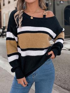 fall women's striped print asymmetrical neck buckle decor sweater, casual drop shoulder long sleeve jumper for fall , fashion ladies' fall knitwear for daily wear, womenswear, preppy 80s clothes