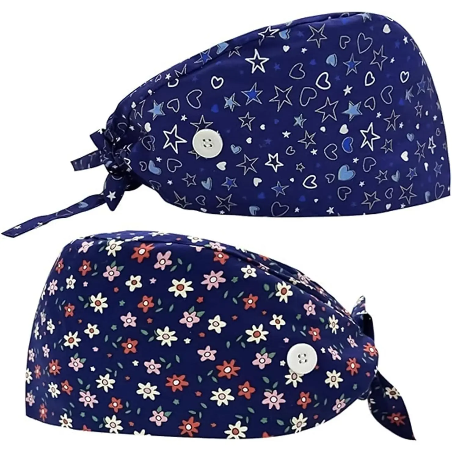 2 Pack Adjustable Bouffant Scrub Caps for Women Men with Buttons & Sweatband Tie Back Surgical Nursing Cap