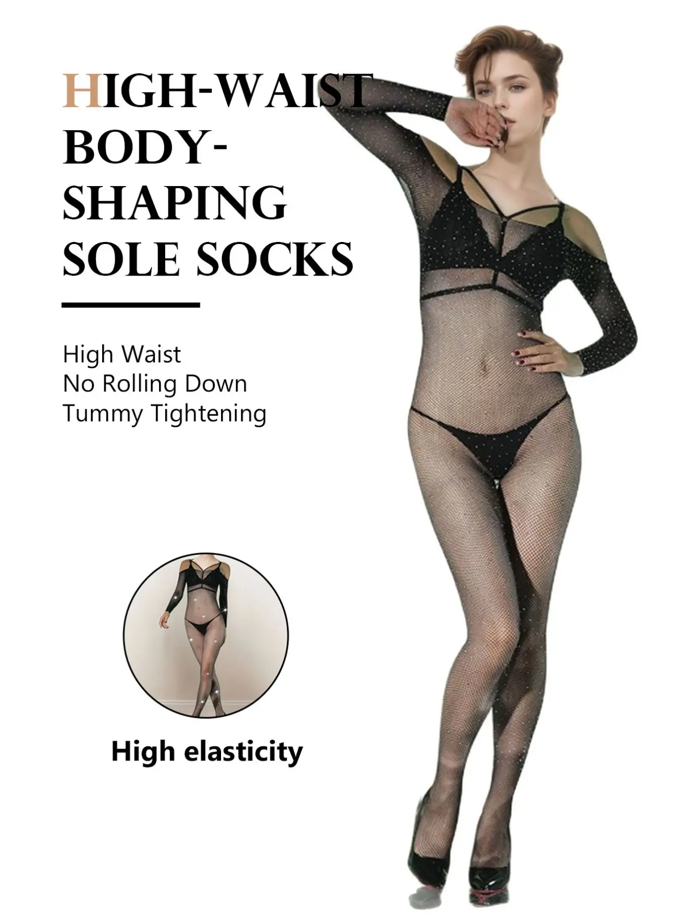 Long Sleeve Rhinestone Fishnet Bodysuit, Shoulderless Slim Fit Sheer Mesh Full Coverage Tight Top, High Stretch Party