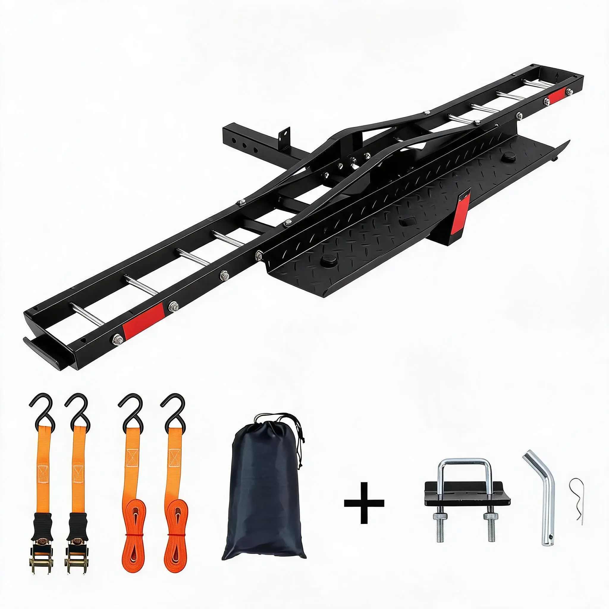 Motorcycle Hitch Carrier,Ebike Rack with Ramp for Cars SUVs Trucks,Steel Motorcycle Carrier Hitch Mount with Ratchet Straps & Stabilizer, 500 Lbs. Capacity