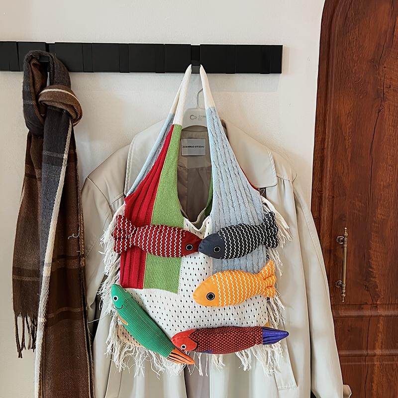 2026 New Niche Versatile Fashion Patchwork Personality Fish Handbag Knitted Tote Bag for College Students, Large Capacity Women's Bag for Class and mute