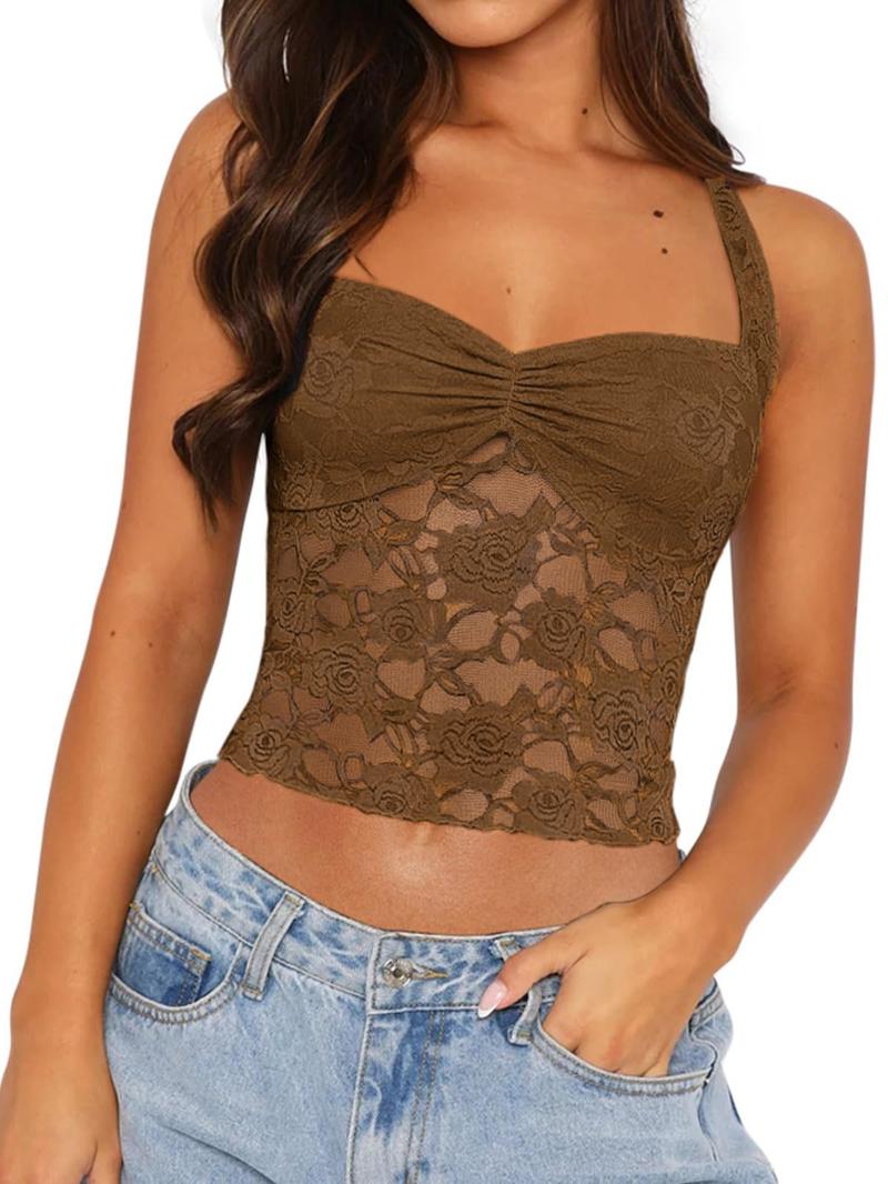 Women's Floral Lace Ruched Sheer Crop Tank Top, Casual Sleeveless Square Neck Tie Back Top for Spring & Fall, Ladies Clothes for Daily Wear