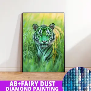 1PC framedless 5D Diamond Painting Kit-Green striped tiger in lush grass Green striped tiger in lush grass -Ornament Decorations for Home Resin Diamonds, AB Diamonds & Fairy Dust, Perfect for Adult Diamond Lovers,Holiday Gift