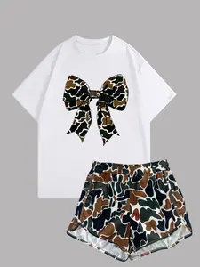Women's Summer Camo Butterfly Print Casual Round Neck Short Sleeve T-Shirt and Camo Spot Gym Shorts Set, 2-Piece