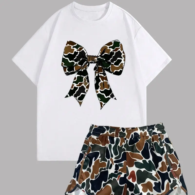 Women's Summer Casual Round Neck Short Sleeve Camouflage T-Shirt and Gym Shorts Athleisure Clothes Set, 2-Piece Clothes