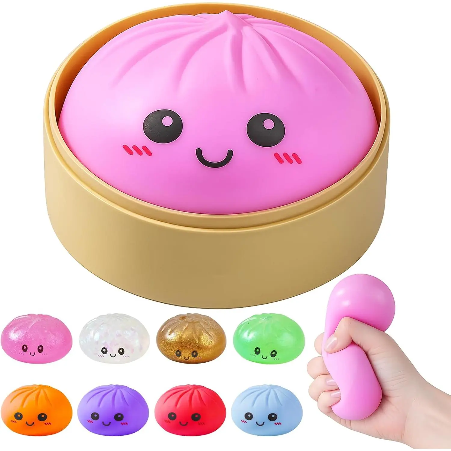 Pink Cute Slime & Squishy Toys Dumpling Mystery Box - Manual Soft Rubber Stress Relief Unisex Stress Balls, Fidget Sensory Desk Toys with Food Steamer, Stocking Stuffers