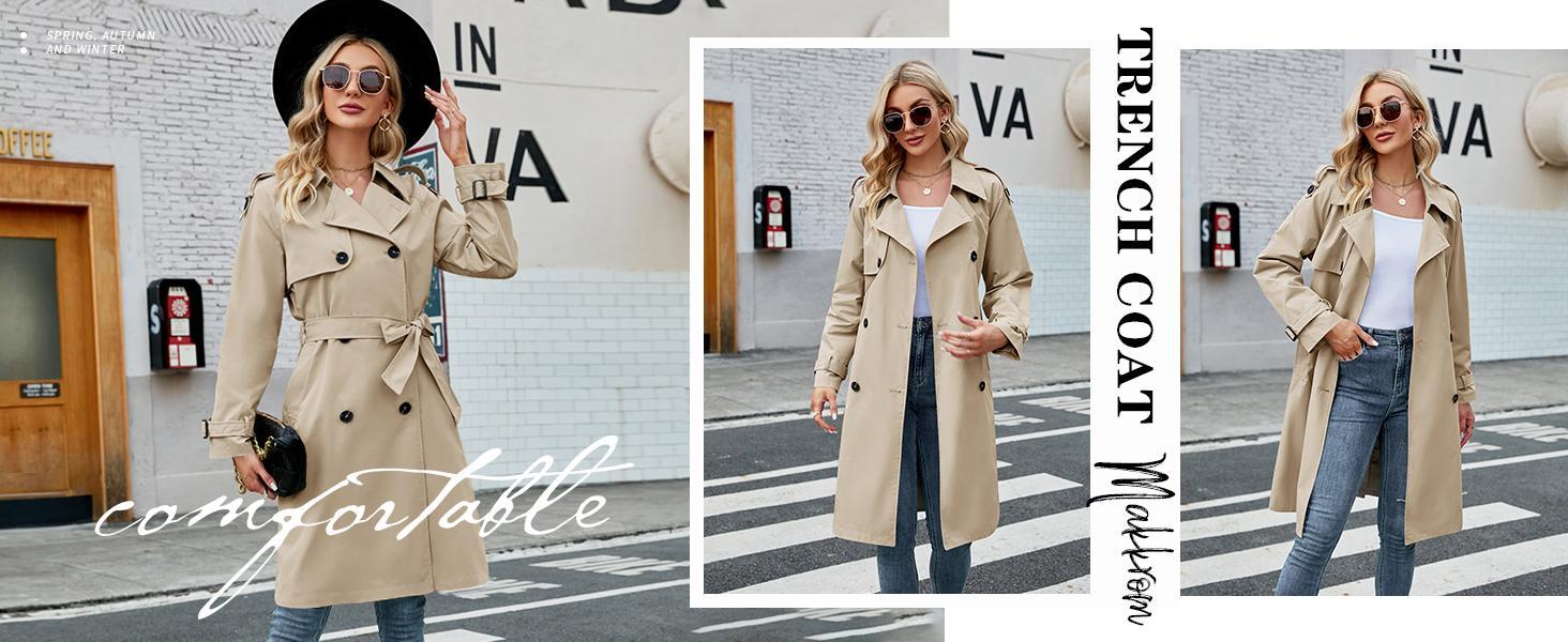 Imily Bela Women's Double Breasted Long Trench Coat Windproof Classic Lapel Slim Overcoat with Belt