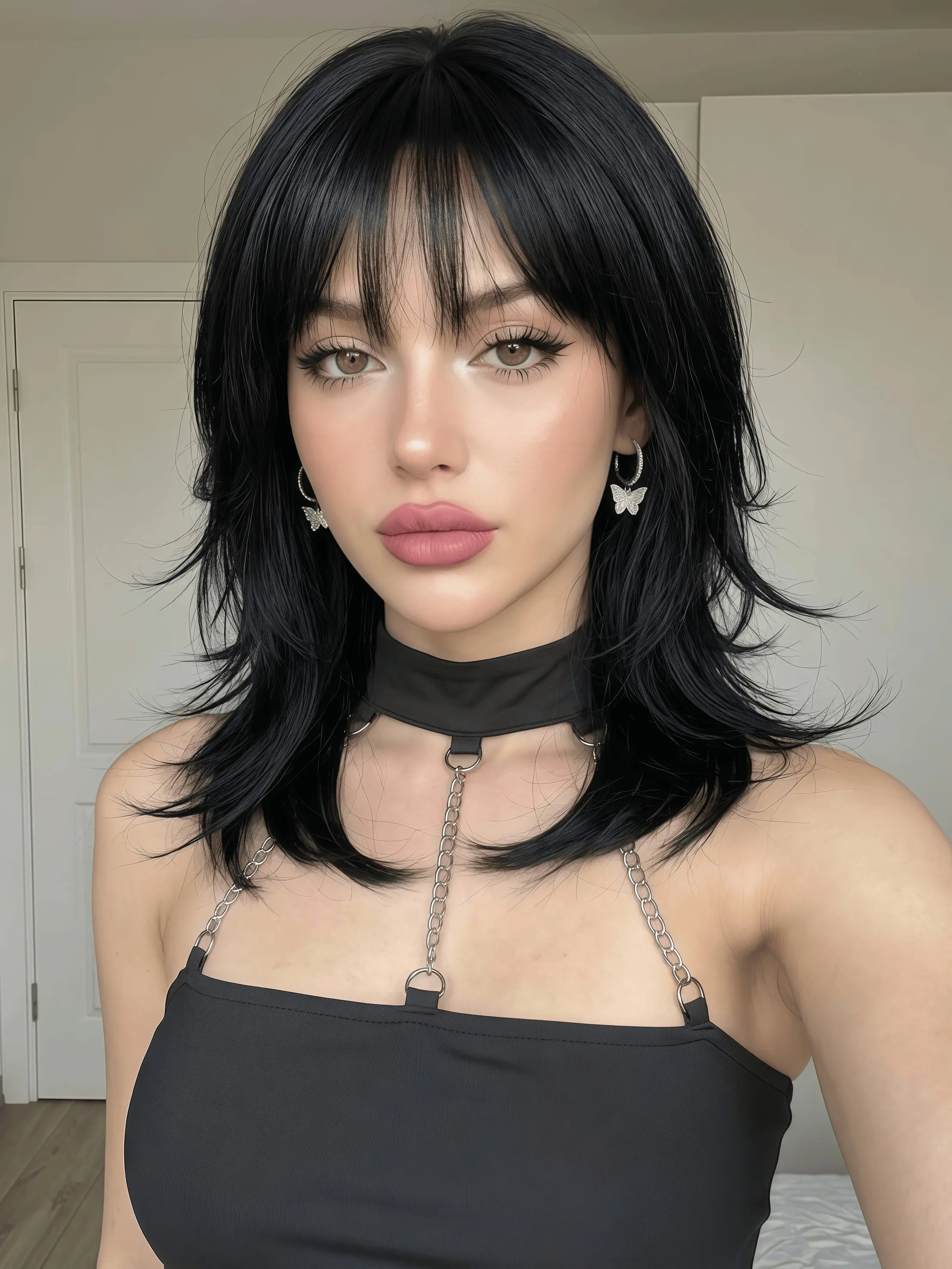14inch Black Wolf Cut Wig with Bangs for Women, Synthetic Layered Shag Wig with Wispy Bangs, Natural Looking Mid-Length Heat Resistant Hair for Daily Party Use, Fluffy Wigs
